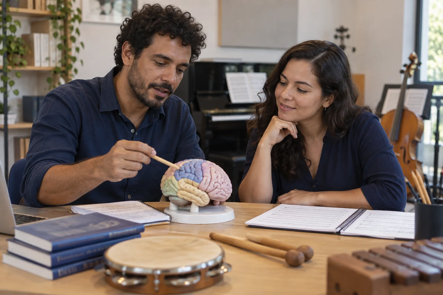Educadores estudam aprendizagem musical com um modelo anatômico do cérebro, partituras e anotações.