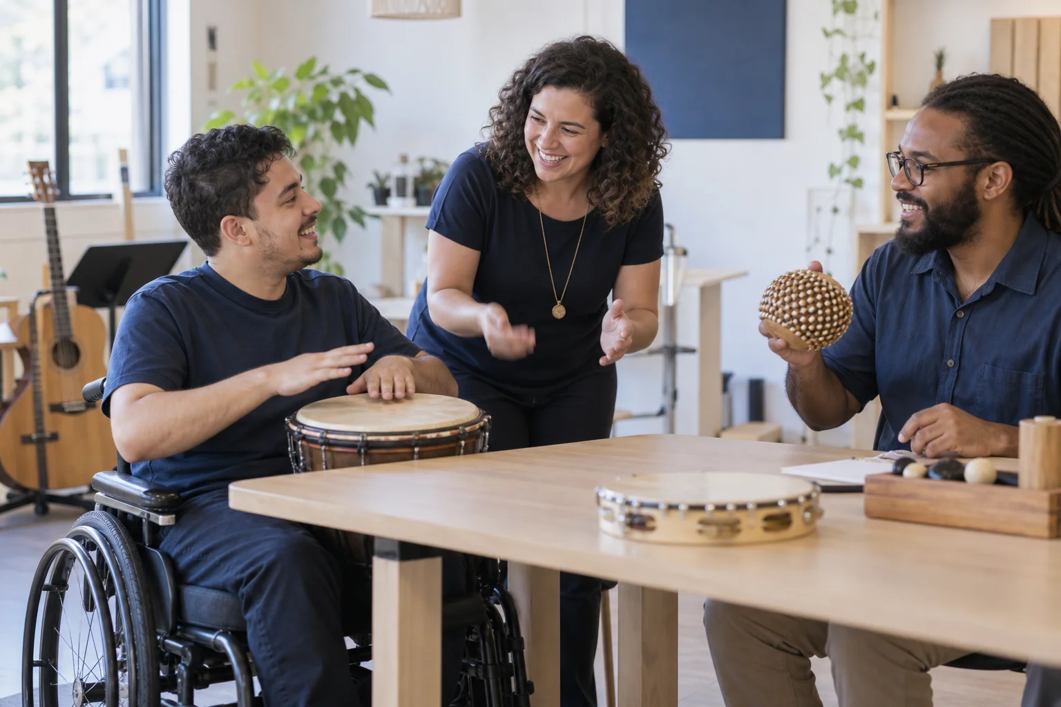 Pessoas com diferentes experiências participam de uma roda musical com instrumentos de percussão.