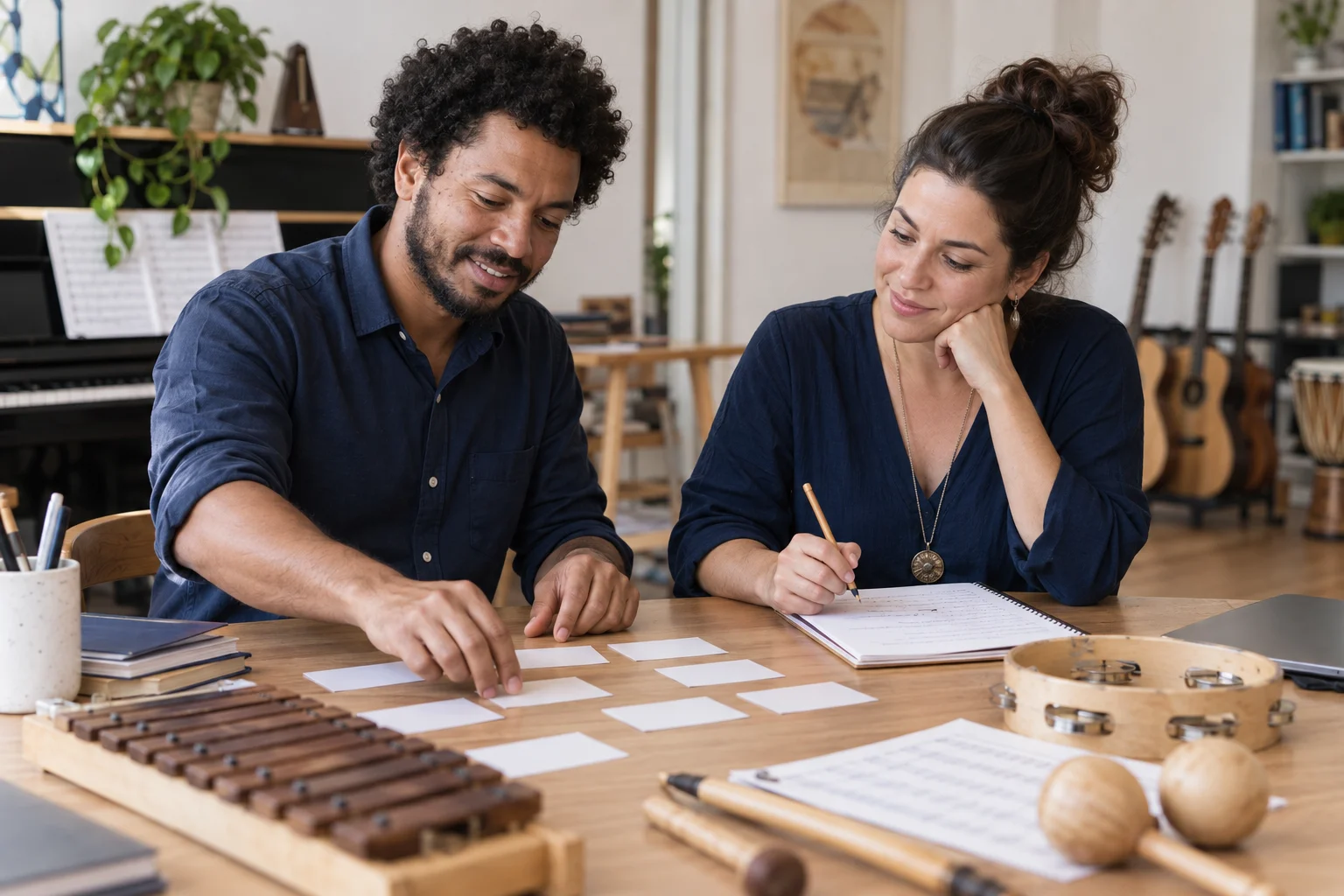 Duas educadoras organizam uma proposta musical com caderno e instrumentos sobre a mesa.